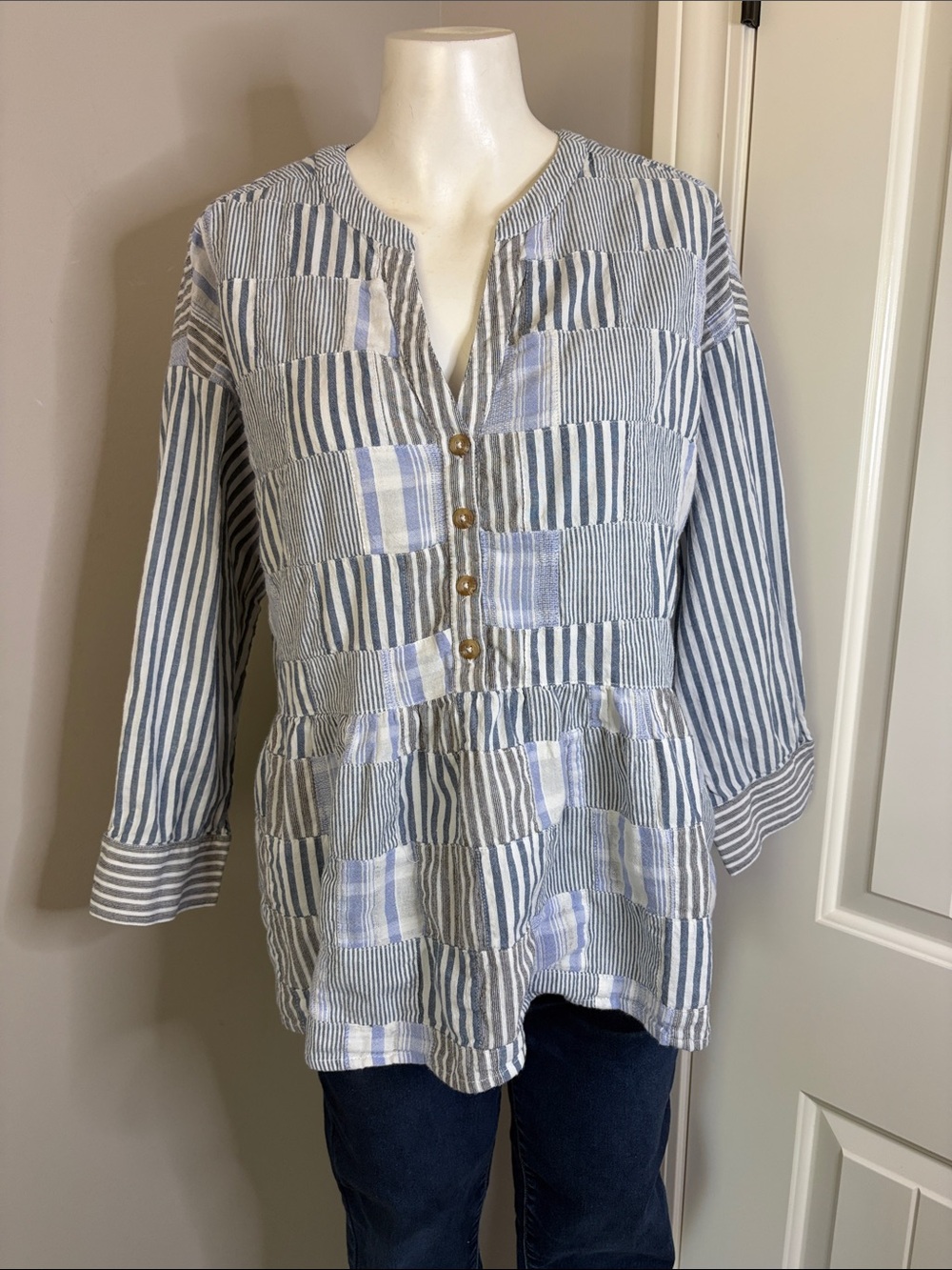 Anthropologie Maeve Stripe Patchwork Swing Shirt Henley Zoe Linen Top Blue Sz S - Picture 4 of 14